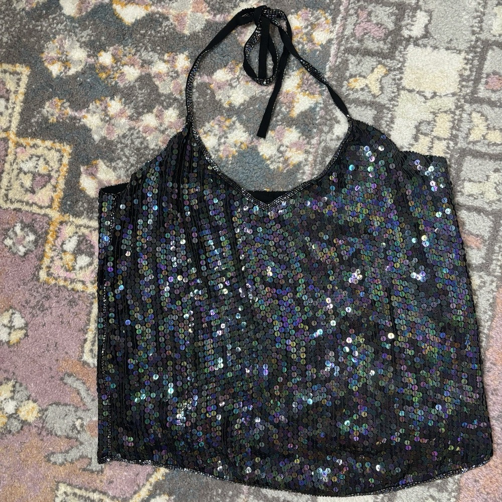 Silk Black Sequin Halter Top Y2K Glam Party Whimsy Fairy Goth Large Vamp Witchy